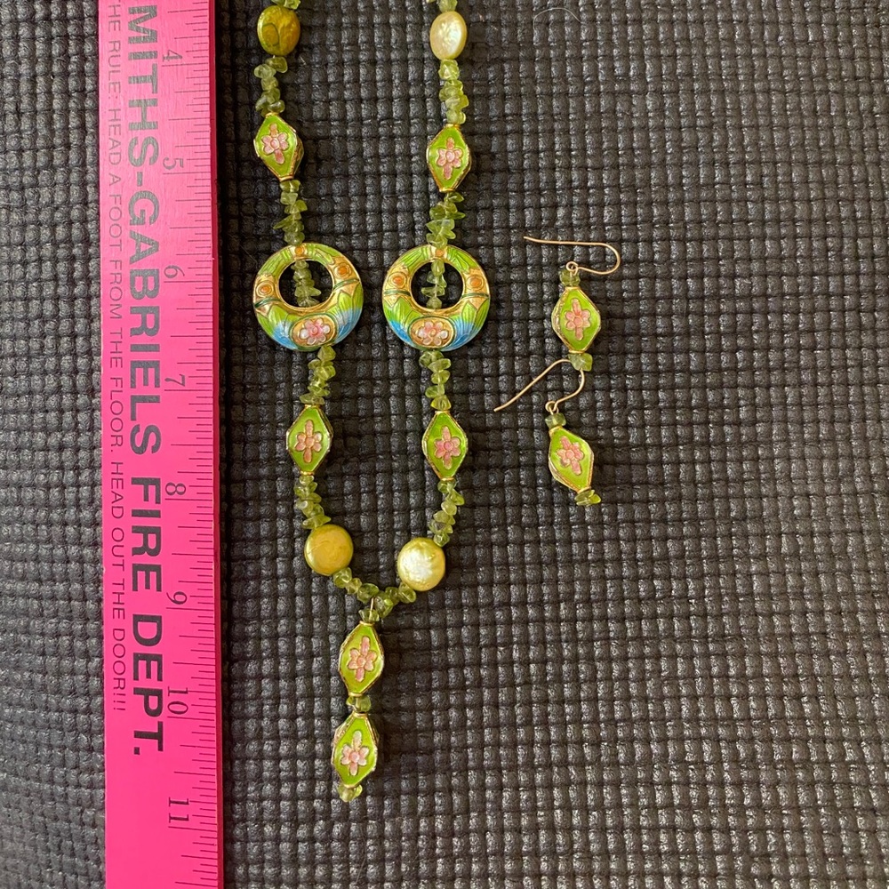 Vintage Cloissone Jewelry Set bright pink & green